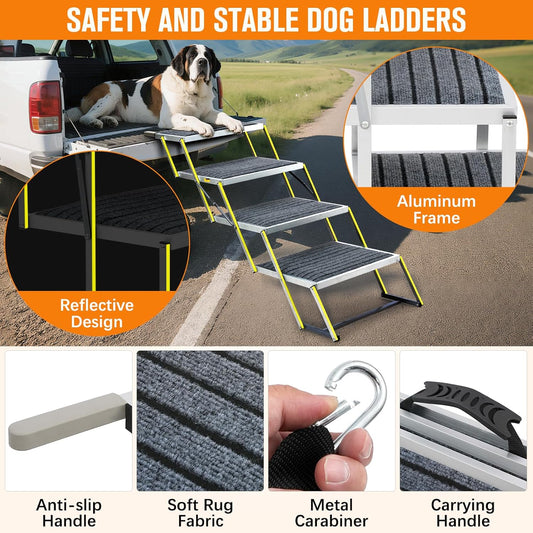 Reflective 20" Wide Dog Car Ramp, 4-Step Aluminum Stairs with Non-Slip Carpet - Foldable Design for Trucks/SUVs/Beds - Heavy Duty 200Lbs Capacity for Large Breeds - Pawvie