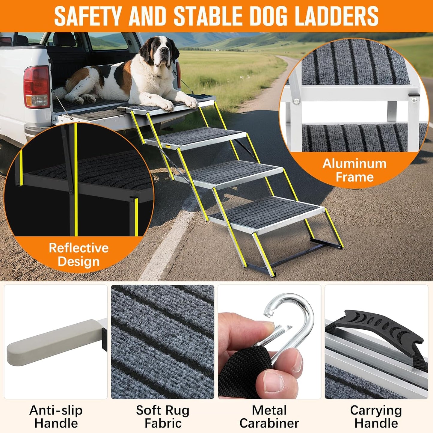 Reflective 20" Wide Dog Car Ramp, 4-Step Aluminum Stairs with Non-Slip Carpet - Foldable Design for Trucks/SUVs/Beds - Heavy Duty 200Lbs Capacity for Large Breeds - Pawvie