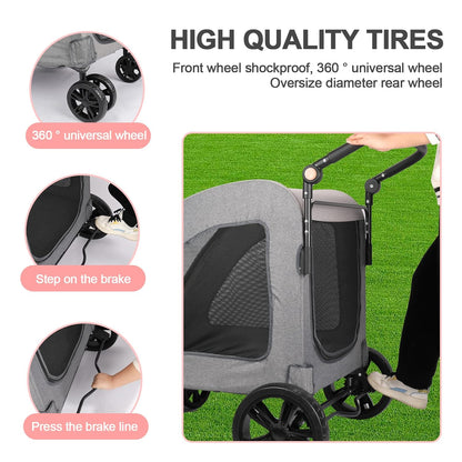 Large Dog Travel Stroller with 4 Heavy Duty Wheels Pet Stroller with Adjustable Handle - Double Doggie Capacity Jogger Wagon with Back Front Door for Small Medium Large Dogs (Dark Light Gray) - Pawvie
