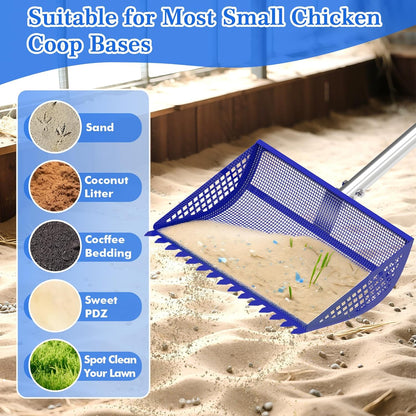 12 Inch Chicken Poop Scooper & Rake 2-in-1, Large Metal Shovel Head, Rubber Handle Stainless Steel Chicken Litter Scoop for Chicken Coops, Litter Screening Scoop (35 to 65in) US Patent Pending (Blue)
