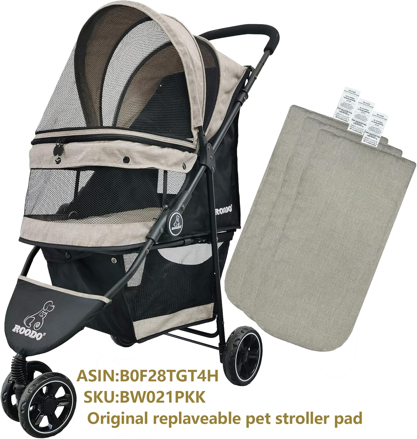 ROODO Pet Stroller Inner Pad for Exclusive Use,Original,Replaceable,Easy to Clean,Set of 3 pc(Khaki) - Pawvie