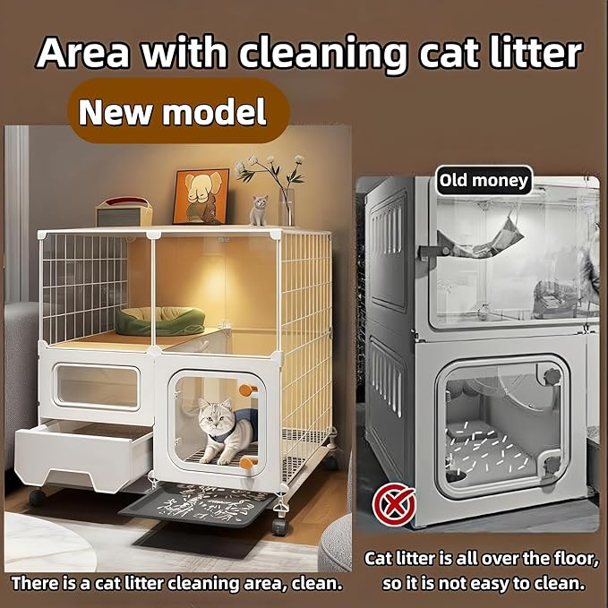 cat cage Indoor with Litter Box, Complimentary Bed, Bowl,Cleaning Three piece Set,cat Enclosure, Kennel,Pet Cage, Cat House with Wheels(28″(L) x18.1″(W) x32.3″(H)