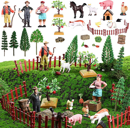 27 Pcs Farm Toys Set, 3 Little Farmer Figurines 9 Plastic Animals Figurines 10 Feed Food Fence Playset 4 Model Trees 1 Moss Mat Animal Farm Toys for Educational School Project Gift