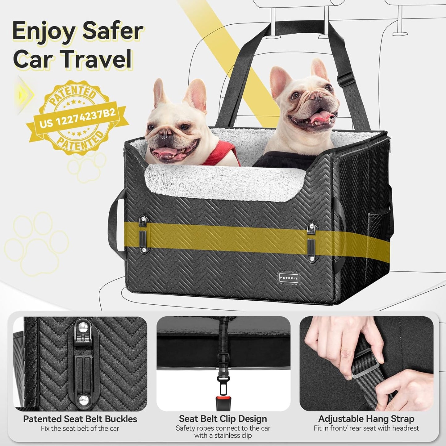 PETSFIT Dog Car Seat Medium Sized Dog, Waterproof PU Leather Dog Seat for Car with Patented Safe Buckles, 2 Clip-On Safety Leashes, Suitable for 2 Small Dogs (Medium, Black) - Pawvie