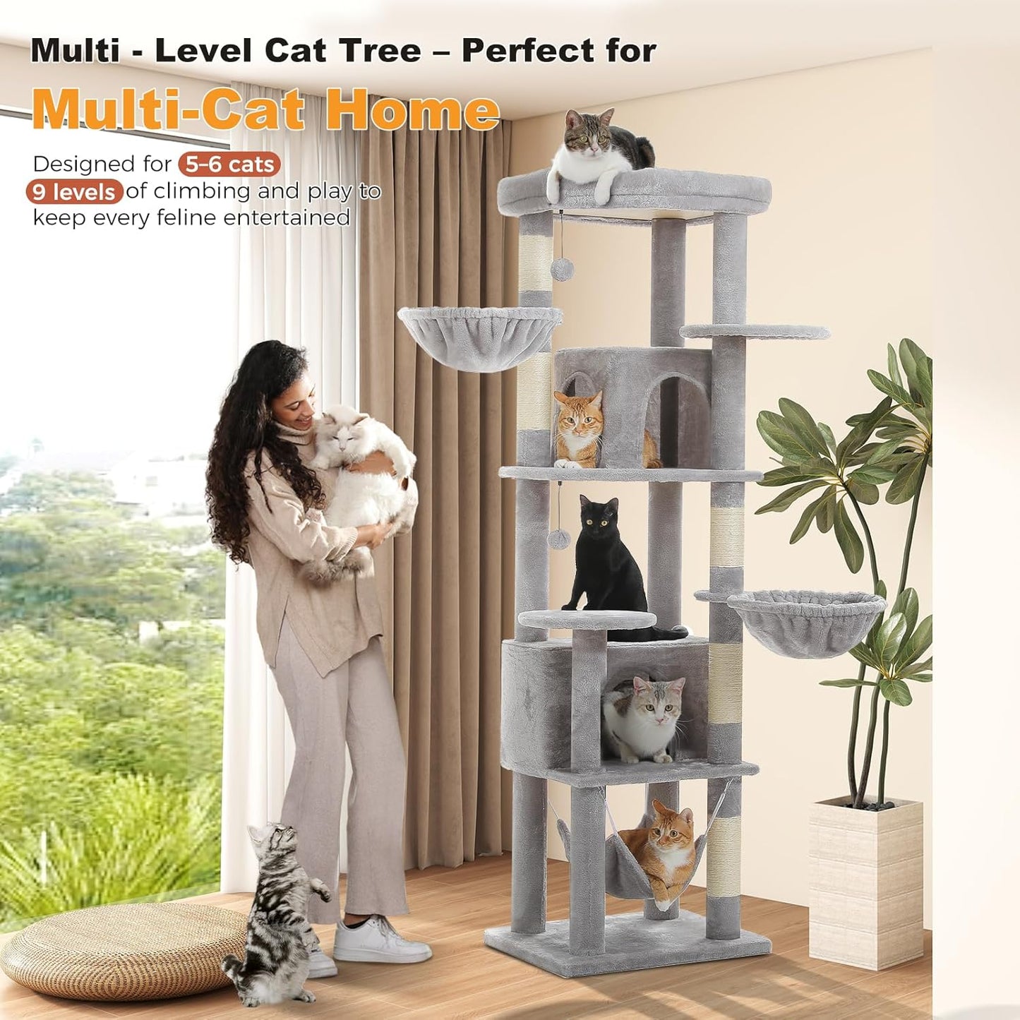 71.2" Tall Cat Tree for Indoor Cats - 9-Level Multi-Cat Tower w/5 Sisal Scratching Posts, 2 Condos, 3 Hammocks, Perch & Pom Poms - Heavy-Duty for Adult Cats, Space-Saving Plush Gray