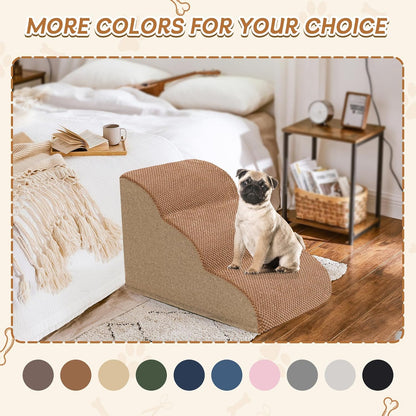 Romrol Dog Stairs Ramp for High Beds Couches, High Density Foam Pet Steps with Durable Non-Slip Waterproof Fabric Cover, Dog Stairs for Small Dogs or Cats or Pets, 3-Step,15 Inch,Light Brown - Pawvie