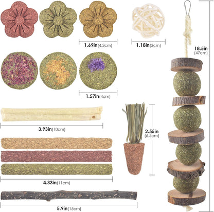 ERKOON Bunny Toys Boredom, 42 PCS Bunnies Timothy Hay Sticks Carrots Rose Grass Cake Dental Care, Molar, Chinchillas Toy Chew Toy, Guinea Pigs, Hamsters, Chinchilla, Rabbit Chew Toys for Teeth