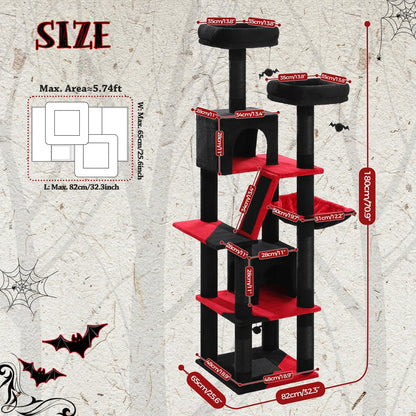PAWZ Road 70 Inch Cat Tower, Gothic Cat Tree with 2 Cozy Condos, 2 Plush Perch, Large Basket, 2 Scraching Pad & 6 Scraching Posts for Indoor Cats Large Adult