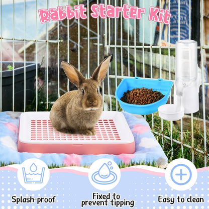 19 Pcs Rabbit Starter Kit Small Bunny Litter Box Rabbit Grooming Kit Water Bottle Bunny Toys Hay Feeder Bowl Blankets with Cleaning Set for Guinea Pig Accessories (Pink-White,Strawberry Bear)