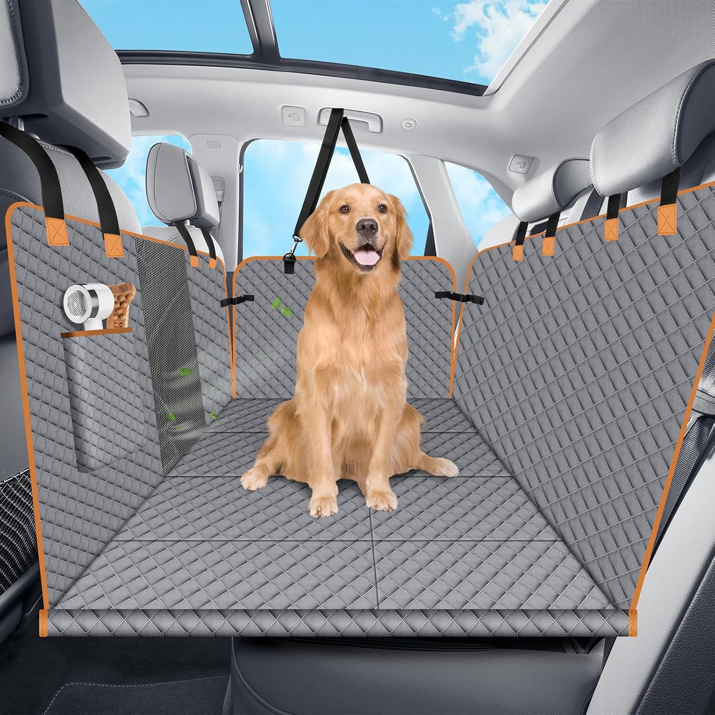 Dog Car Seat Cover for Back Seat, Dog Car Bed Cover with Strong Hard Bottom, Back Seat Extender Hammock for SUV Truck,4 Panels Gray Color - Pawvie