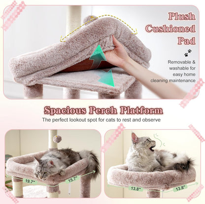 Heybly Heavy Duty Cat Tree, 71-Inch Tall Tower for Large Maine Coon with Extra-Large Baseboard, Cat Condo Furniture with Multi-Level Platforms, 2 Hammocks and 12 Scratching Posts, Muchroom HCT037MU