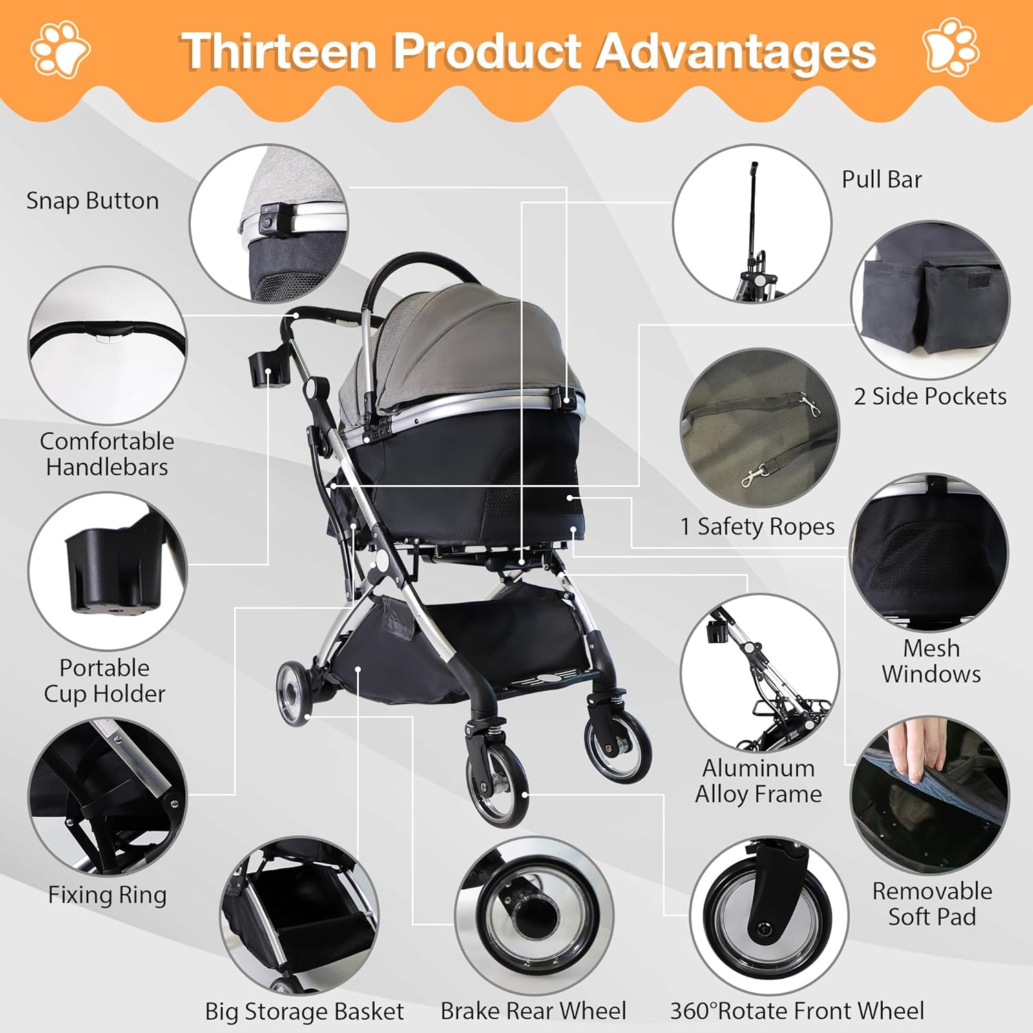 Dog Stroller for Small Medium Dogs, 3 in 1 Folding Pet Stroller Up to 33 lbs, 4 Wheels Pet Strolling Cart with Zipperless Entry, Cat Dog Travel Carrier with Telescopic Handle and Storage Basket - Pawvie