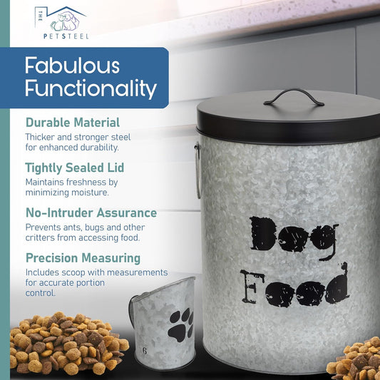 Small Dog 20lb Pet Food Storage Canister Dog Bin with Scoop â Durable & Airtight for Freshnesss, Minimalist Design & Recyclable, Small Metal Container for Kitchen Countertop