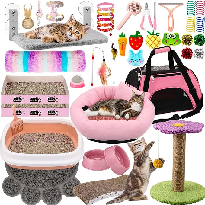 40 Pcs Kitten Starter Kit for Indoor Cats Include Litter Box, Carrier, Cat Bed, Climbing Post, Scratch Pad, Hammock, Feed Bowls, Mat, Collars, Nail File and More for Kitten Supplies Welcome Gift(Pink)