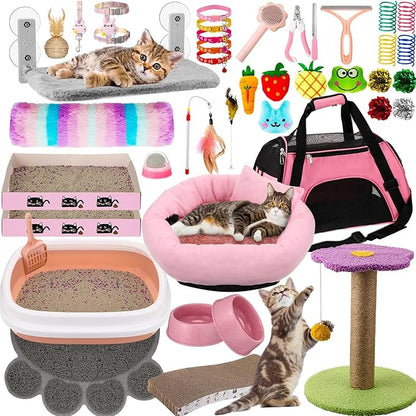 40 Pcs Kitten Starter Kit for Indoor Cats Include Litter Box, Carrier, Cat Bed, Climbing Post, Scratch Pad, Hammock, Feed Bowls, Mat, Collars, Nail File and More for Kitten Supplies Welcome Gift(Pink)