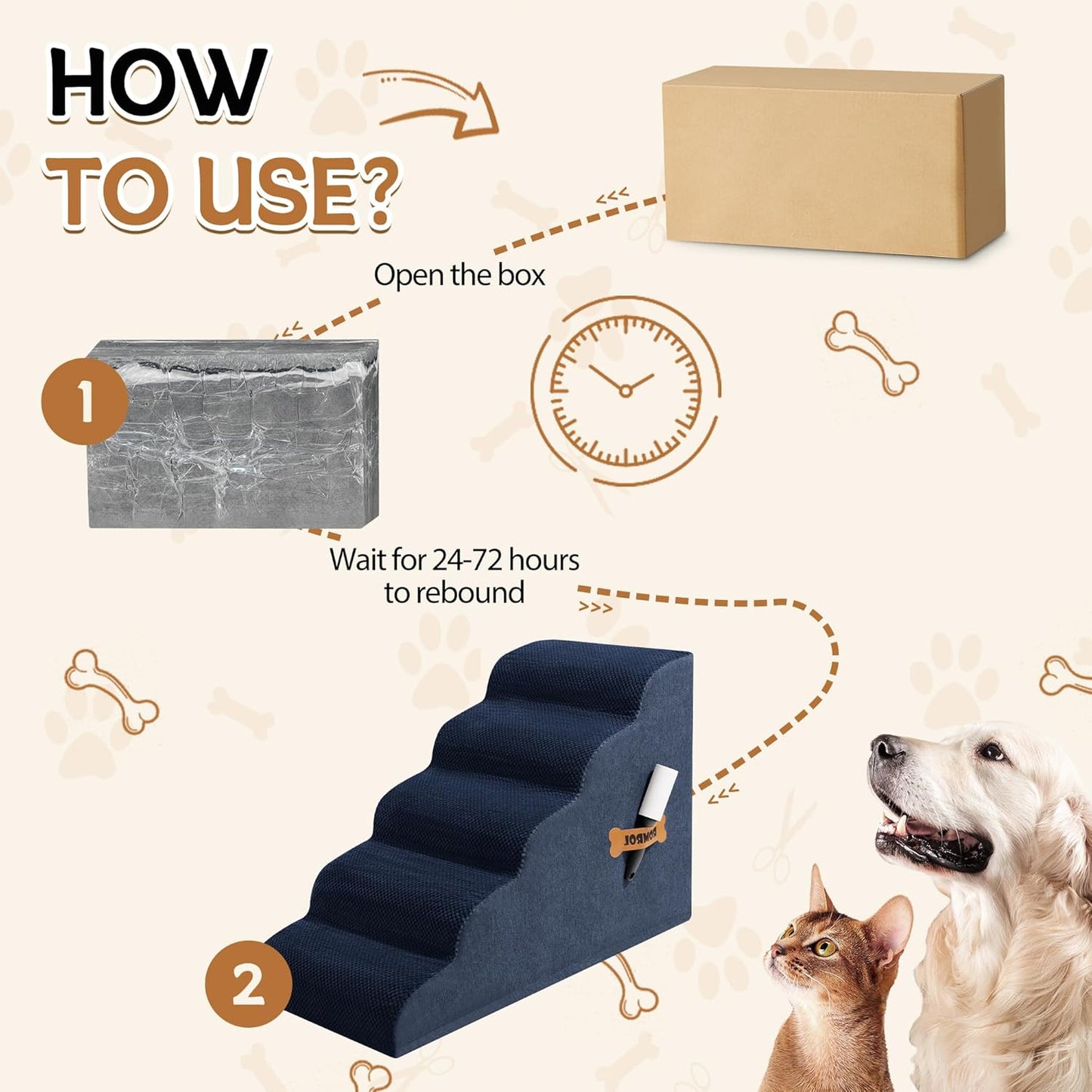 Dog Stairs, Romrol Dog Steps Ramp for High Bed and Couch, Dogs Ramp with Durable Non-Slip Waterproof Fabric Cover, Pet Stairs for Small Dogs and Cats or Pets Joints, 4-TiersNay - Pawvie