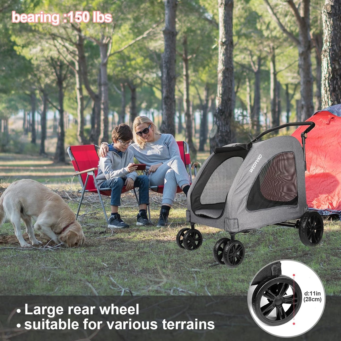 Large Dog Travel Stroller with 4 Heavy Duty Wheels Pet Stroller with Adjustable Handle - Double Doggie Capacity Jogger Wagon with Back Front Door for Small Medium Large Dogs (Dark Light Gray) - Pawvie
