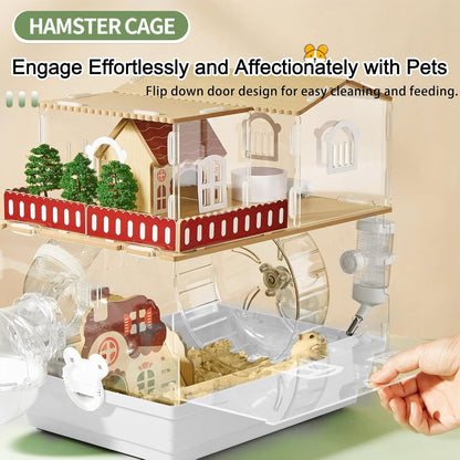 12 in 1 Clear Acrylic Hamster Cage with All Accessories,13.5''L* 10''W* 15''H Dwarf Hamster Cage,Magnetic Connection Small Hamster Enclosure,Garden Style Wooden Mouse Cage for Pet Mice(2-Layer,White)