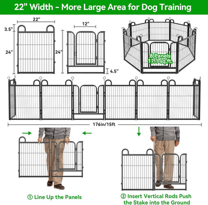 Puppy Playpen 8 Panels Small Dog Fence Outdoor Indoor Use 24" Height Anti-Rust with Doors Portable Dog Play Pen for RV Camping Yard, Total 15FT, 17 Sq.ft, Snowy Black