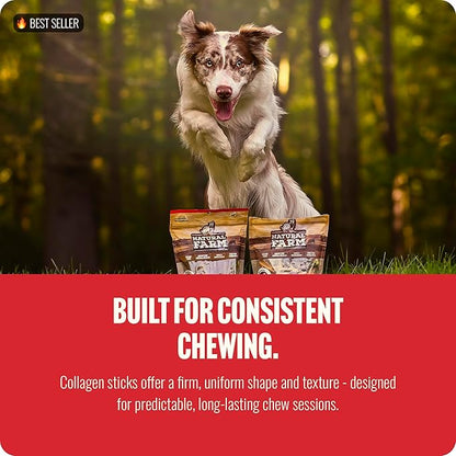 Natural Farm Peanut Butter Flavor Collagen Sticks for Dogs (6 Inch, 15 Pack), Long-Lasting Beef Collagen Sticks, Rawhide Alternative Chews with Chondroitin & Glucosamine, Low-Fat Dental Treats