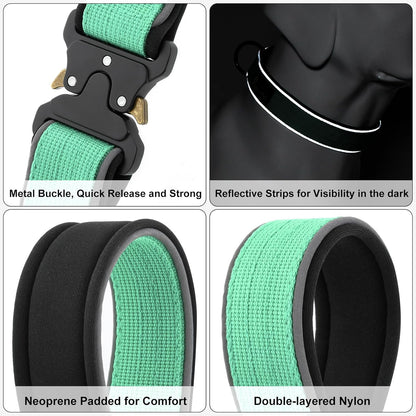 Plutus Pet Tactical Dog Collar, Reflective, Adjustable Heavy Duty Dog Collar, Soft Padded and Comfortable, for Small Medium and Large Dogs (Teal, L)