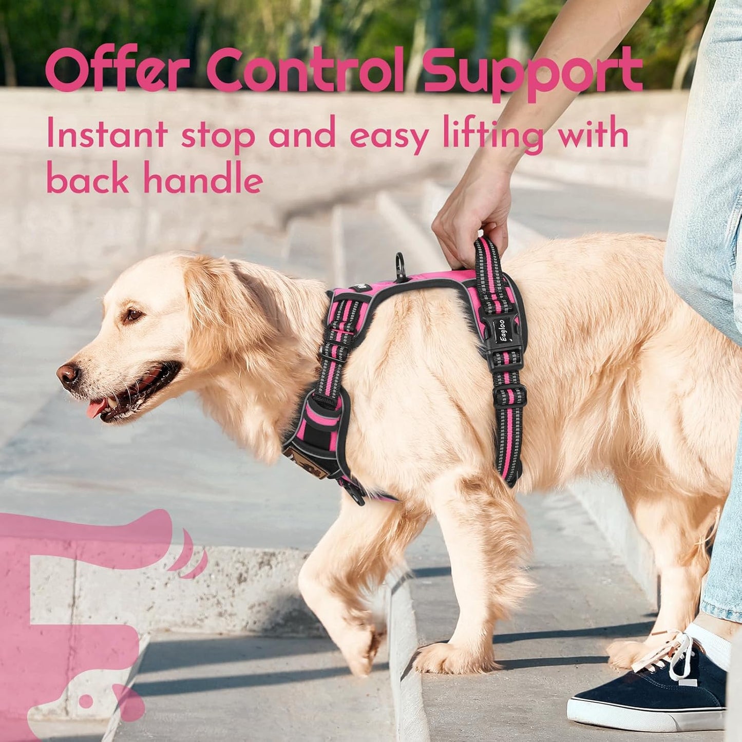 Eagloo Dog Harness for Large Dogs, Easy Wearing with 3 Buckles, Adjustable No Pull Pet Harness with 2 Rings for Walking, No Chock Reflective Soft Padded Vest with Control Handle, Pink & Black, L