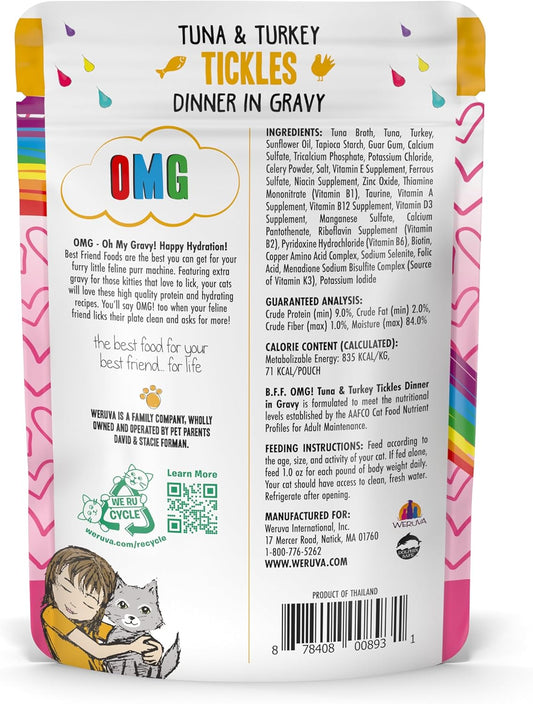 Weruva B.F.F. OMG - Best Feline Friend Oh My Gravy!, Tuna & Turkey Tickles with Tuna & Turkey in Gravy Cat Food, 3oz Pouch (Pack of 12)