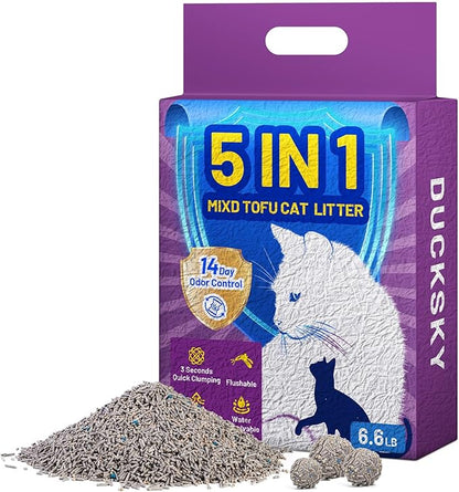 Ducksky Tofu Cat Litter Fast Clumping 5in1, Natural Plant-Based flushable Lightweight tofu Litter for Kitty, Effective Odor Control,unscented pellets, 99% Dust- Free,Low Tracking,(6.6LB x 1 Pack)