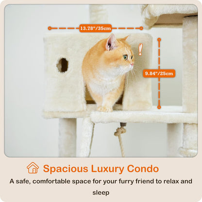 Ouritsu Cat Tree, 56 inch Tall Cat Tower for Large Cat Indoor, Large Condo, 2 Padded Perches, Steel-Framed Hammock, Scratching Post and ramp, Fluffy Basket, Beige, LF001WH