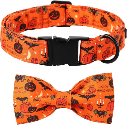 Lionet Paws Fall Halloween Dog Collar, Cute Bat Pumpkin Dog Collar for Small Dogs, Adjustable Cotton Orange Pet Collars Puppy Collar for Small Dogs