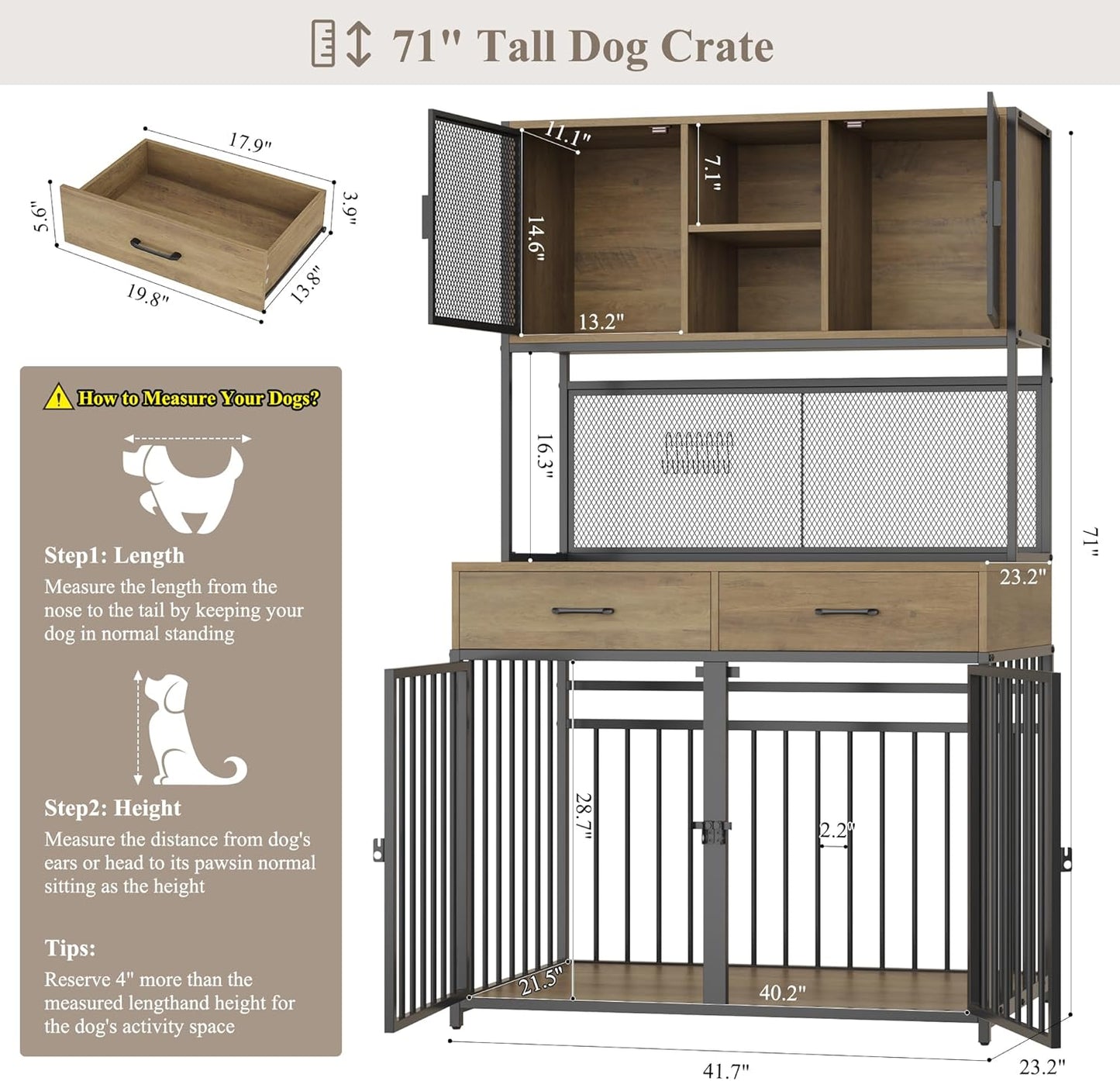 HITHOS 71" Tall Dog Crate Furniture, Indoor Dog Kennel with Hutch, 42" W Dog Cage for Large/Medium Dogs, Wood Dog Crates with 2 Storage Drawers, Heavy Duty Pet House, Rustic Brown