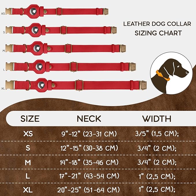 AirTag Dog Collar - Genuine Leather Dog Collar with Apple AirTag Holder and Metal Buckle - Smart GPS Tracking Pet Collars (Red, S, 12"-15" Neck Fit)