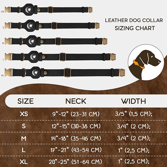 AirTag Dog Collar - Genuine Leather Dog Collar with Apple AirTag Holder and Metal Buckle - Smart GPS Tracking Pet Collars (Smoky Blue, S, 12"-15" Neck Fit) (Black, XS, 9"-12" Neck Fit)