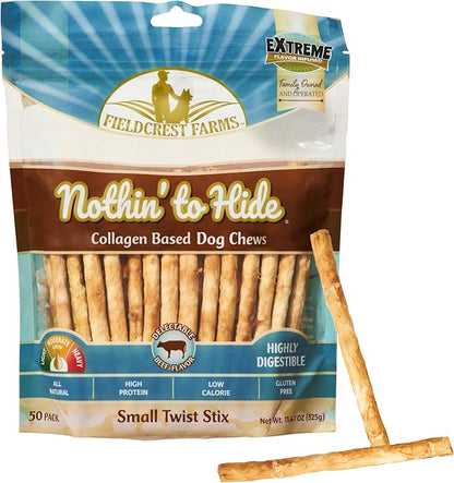 Fieldcrest Farms Nothin' to Hide Twist Stix, Beef Flavor, Easily Digestible, Supports Skin, Coat, Joints & Muscles, for Moderate Chewers Under 15lbs, 50 Pieces