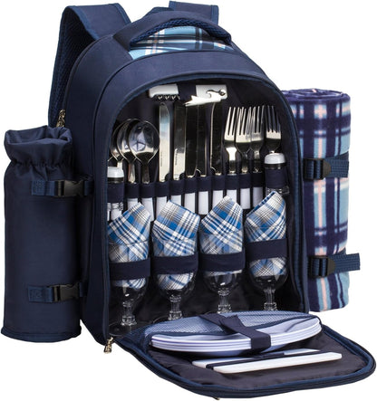 Apollo walker Picnic Backpack Set for 4 with Cooler Compartment,Detachable Bottle/Wine Holder Including Large Picnic Blanket(45"x 53") for Picnic Family and Lovers Gifts,Outdoor,BBQ Time (Blue)