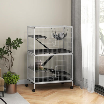 PawHut Metal Small Animal Cage, 5-Tiers Rolling Big Ferret Cage with Hammock, Removable Tray, for Chinchilla, Sugar Glider, White