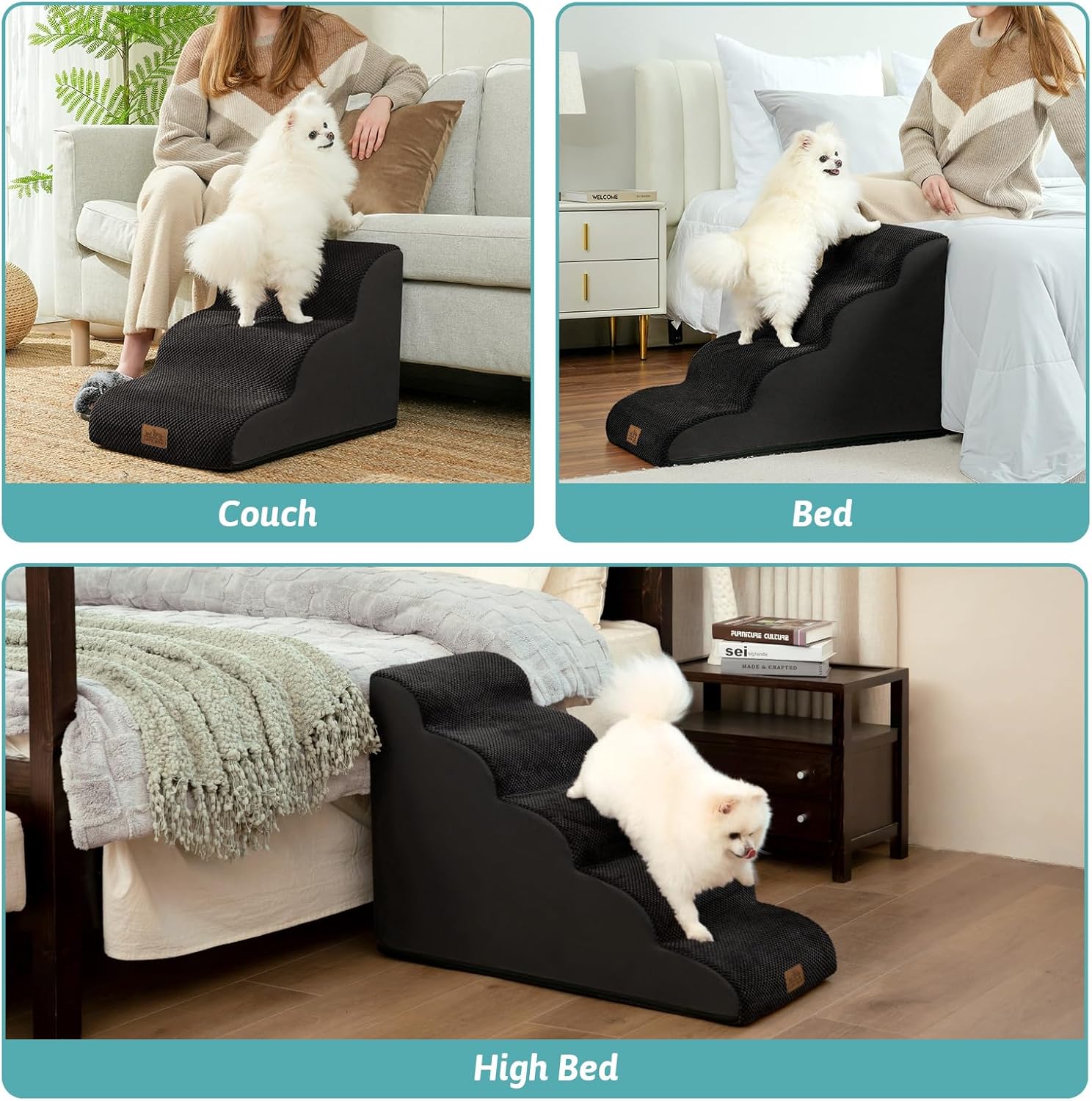 Dog Stairs for High Bed 22.6" H, Small Dog Step for Puppy, Older or Cat, Curved Ramp for Car, Ladder with High Density Foam, Lightweight, Durable, 15.7x33x22.6 inch, 5 Step, Black - Pawvie