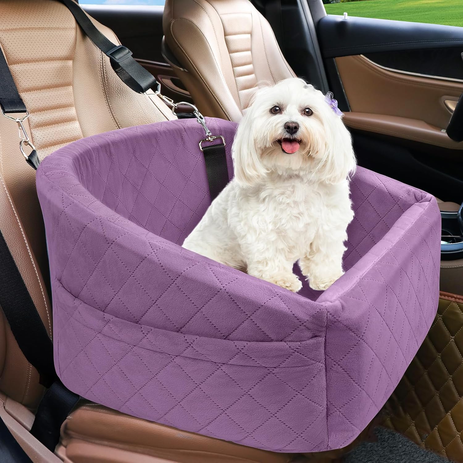 Dog Car Seat for Small Medium Dogs,Detachable Washable Dog Booster Seat Under 30lbs, Pet Car Seats Travel Bed with Storage Pockets and Safety Belt (Purple) - Pawvie