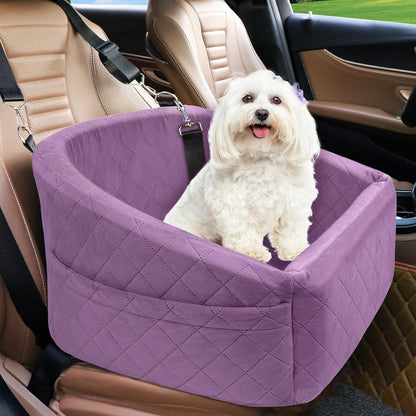 Dog Car Seat for Small Medium Dogs,Detachable Washable Dog Booster Seat Under 30lbs, Pet Car Seats Travel Bed with Storage Pockets and Safety Belt (Purple) - Pawvie