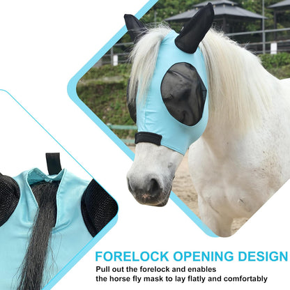 Stretchy Horse Fly Mask with Ears, Soft Lycra Equine Mesh Mask with UV Protection Face Cover, Pacific Blue, Full