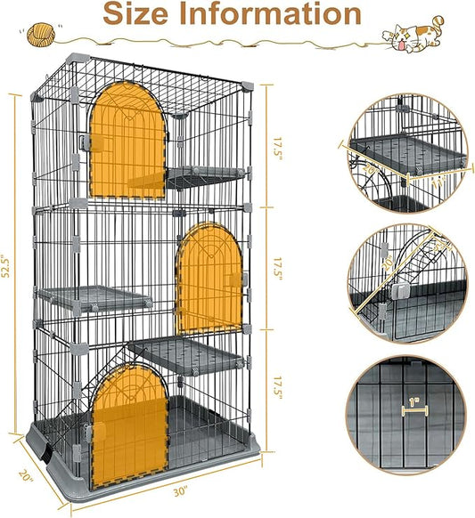 Cat Cage 3-Tier Indoor Cat Enclosure with Widen Bottom Buckle & Reinforced Locking Clamps DlY Cat Playpen for 2-3 Cats & Small Pets,30" Lx 20" W X 52.5" H (Grey, Three-Tier52.5")