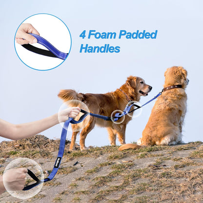 PetBonus Double Dog Leash, No Tangle Dual Leash, Reflective Walking Training Lead, 4 Comfortable Padded Handles for 2 Dogs with Collapsible Bowl and Waste Bags (Blue, Large)