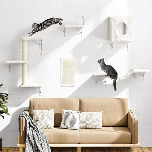 NUNU LAB Wall Mounted Cat Wall Shelves, 10-in-1 Cat Wall Climber with Kitten House, Bridge, Steps, Scratcher, Indoor Space-Saving Furniture for Kittens Play, Beige