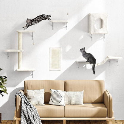NUNU LAB Wall Mounted Cat Wall Shelves, 10-in-1 Cat Wall Climber with Kitten House, Bridge, Steps, Scratcher, Indoor Space-Saving Furniture for Kittens Play, Beige