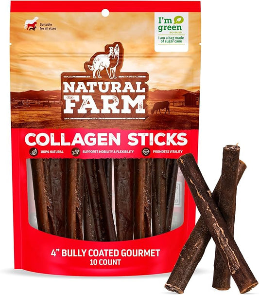 Natural Farm Bully Coated Gourmet Collagen Sticks (4 Inch, 10 Pack), Real Bully Beef Coated, 95% Natural Collagen Dog Chews, Supports Healthy Joints, Skin & Coat - Best for Small & Medium Dogs