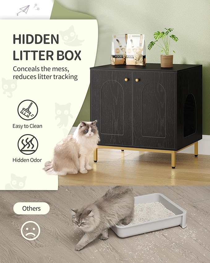 Cat Litter Box Enclosure, Hidden Litter Box Furniture Cabinet, Wooden Indoor Cat House, Side End Table, Living Room, Bedroom, Black and Gold CB81204G