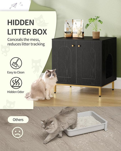 Cat Litter Box Enclosure, Hidden Litter Box Furniture Cabinet, Wooden Indoor Cat House, Side End Table, Living Room, Bedroom, Black and Gold CB81204G