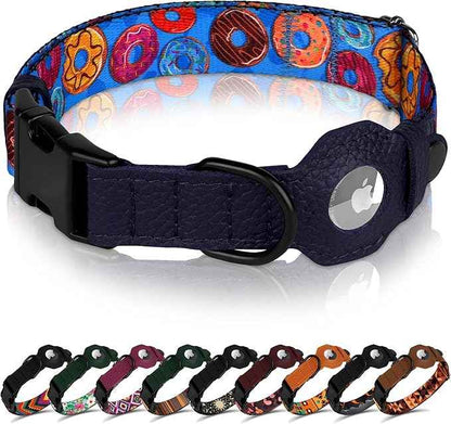 AirTag Dog Collar with Metal Buckle - Printed Nylon Soft Leather Dog Collar with Apple AirTag Holder - Secure Tracking GPS Pet Collars for Girl Boy Small Large Dogs (XL, 20"-25" Neck Fit, Donuts)