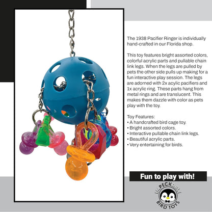 1938 Pacifier Ringer with Acrylic Ring, Pacifiers and Bell – Handcrafted by Impeckable Bird Toys – Great for Conures, African Greys, Amazons and Other Medium Birds