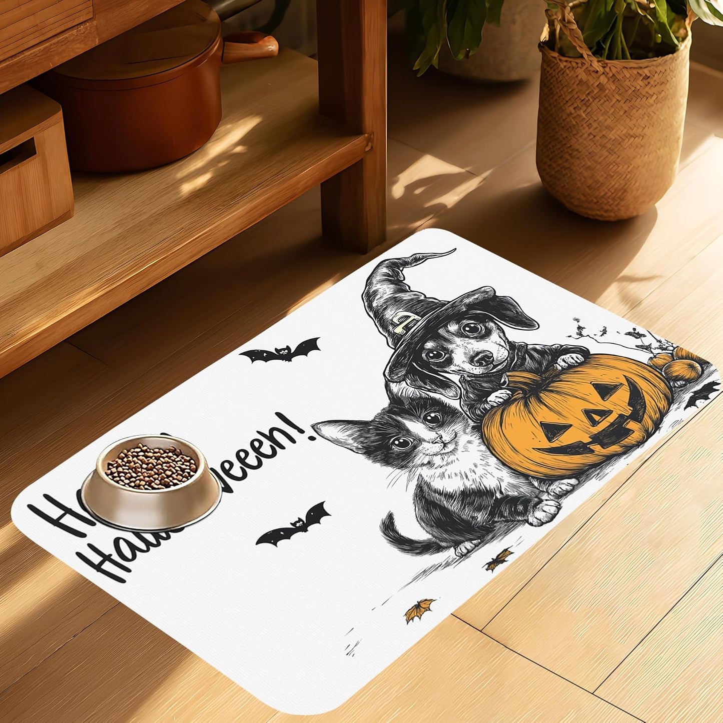 Halloween Cat Dachshund Dog Cat Food Mat-Absorbent Placemat for Food and Water Bowl, Waterproof Non Slip Rubber Backing Dog Food Mats for Floors, Pet Supplies 16 * 24 inch